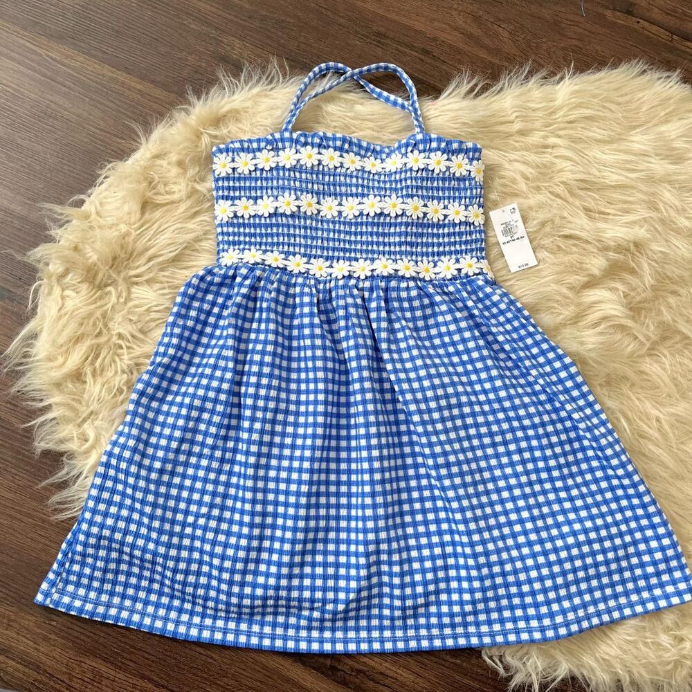 NWT Old Navy Blue White Gingham Flower Dress Size 5T